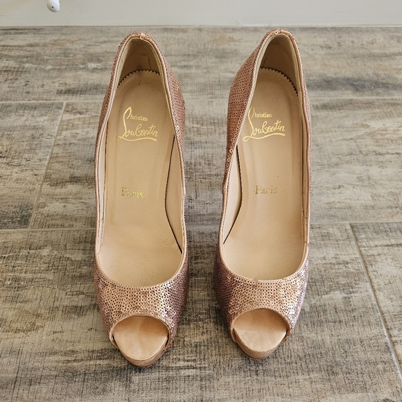 CHRISTIAN LOUBOUTIN VERY PRIVE EVENING Paillettes Nude Beige Heels size 38 1/2 - Picture 8 of 9